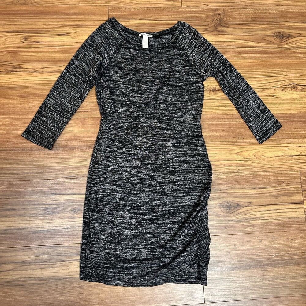 Charlotte Russe Bodycon Dress Medium Black Marled Ruched Side 3/4 Sleeve